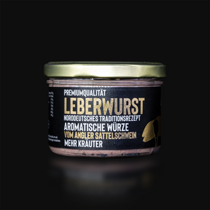 delikatess-leberwurst vom angler sattelschwein, traditionell, aromatische würze, im 180 gramm glas